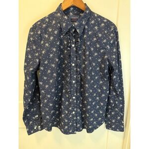 Chaps Denim Navy Blue Paisley Ruffled‎ Front Button Up Shirt Size Large Preppy